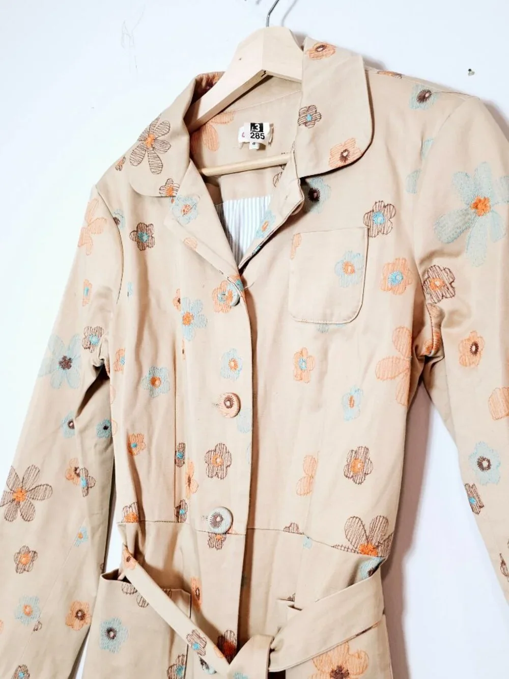 Vintage USA C Ruth Whimsical Embroidered Flower Power Belted Trench Coat Size 4